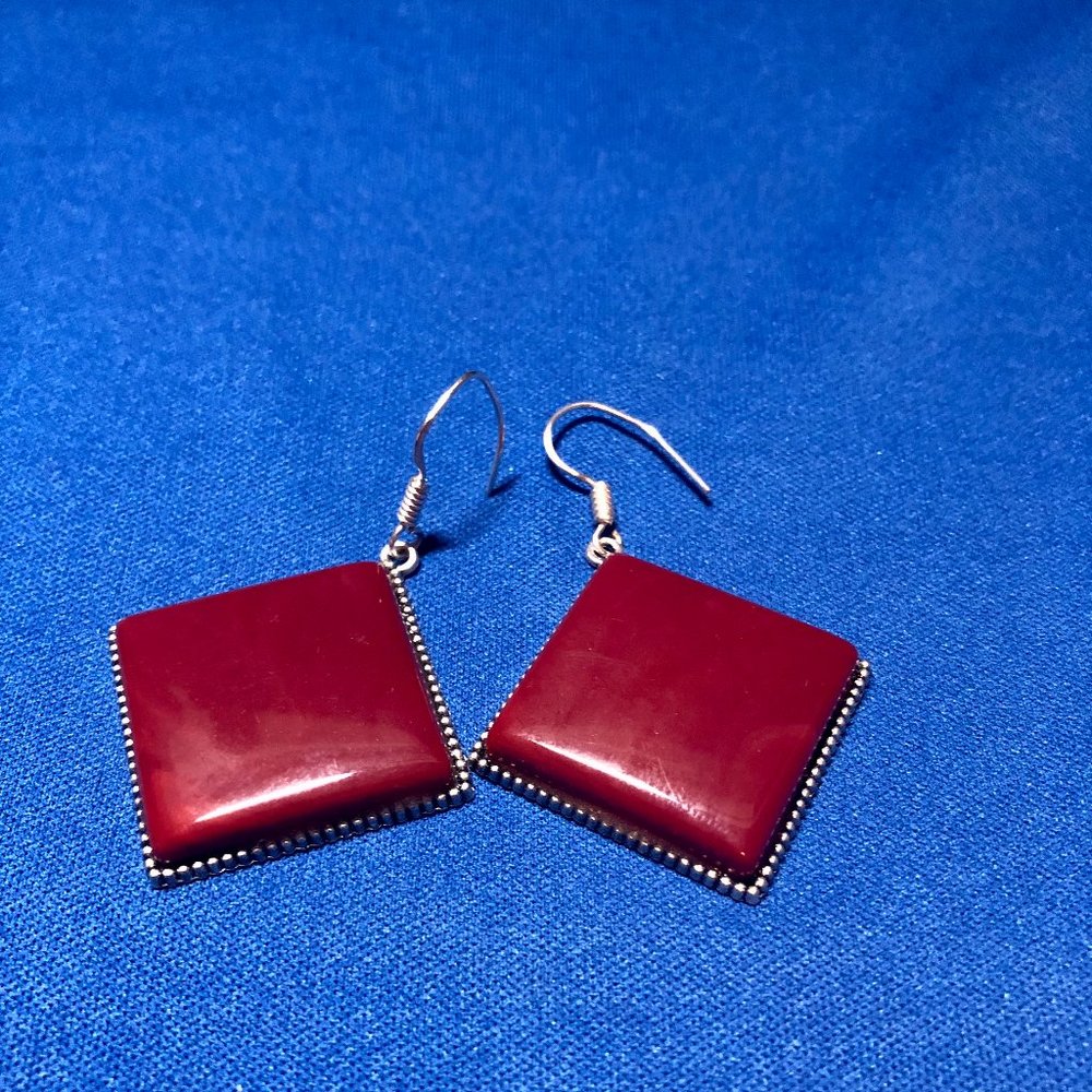 Handmade Red Coral 925 Silver Plated Earrings of 2.2"